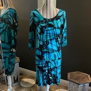 NWT. BCBGMaxAzria, Small, Teal and Black Long Sleeve Dress, Porcelain Butterfly